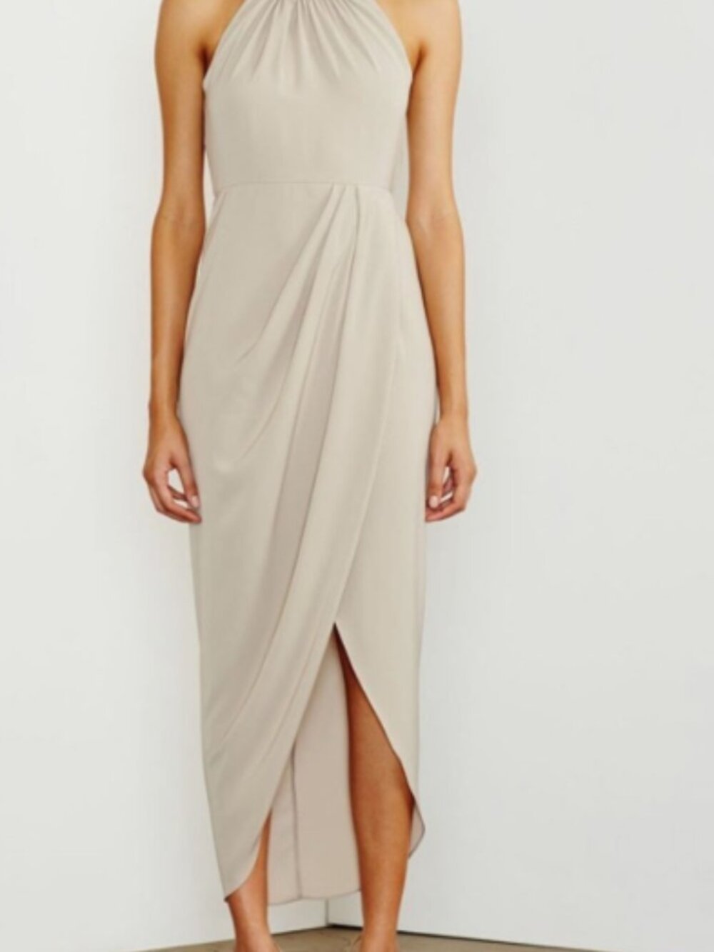 Shona Joy Core High Neck Ruched Maxi Dress US 6 Nude Bridesmaid Formal Gown - Picture 2 of 6